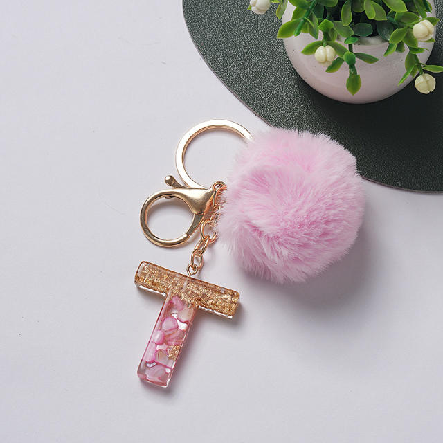 Sweet pink color fluffy ball initial letter keychain