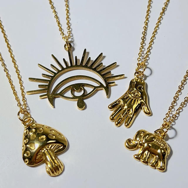 Personailty hollow out evil eye mushroom pendant stainless steel necklace