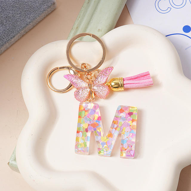 Spring summer gliter resin initial letter keychain