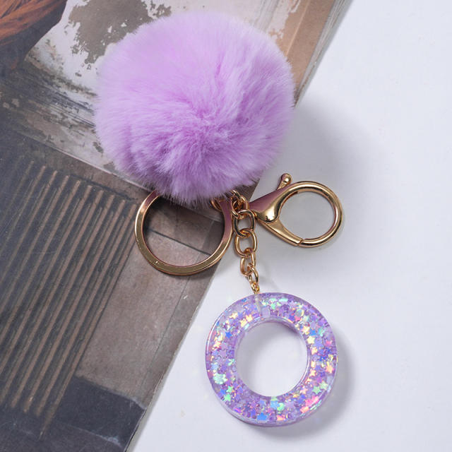 Cute purple color fluffy ball initial letter keychain