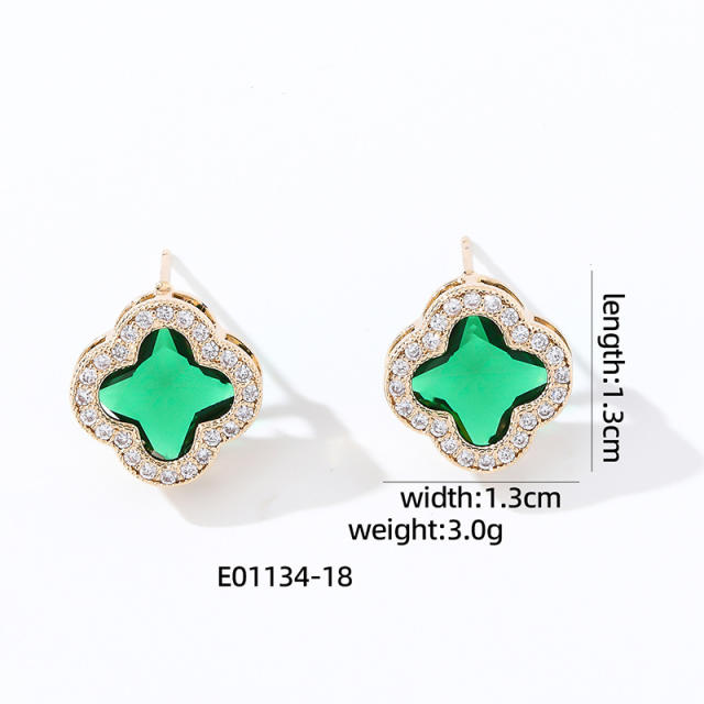 Elegant colorful cubic zircon clover copper material studs earrings
