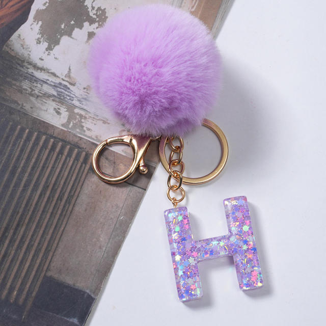 Cute purple color fluffy ball initial letter keychain
