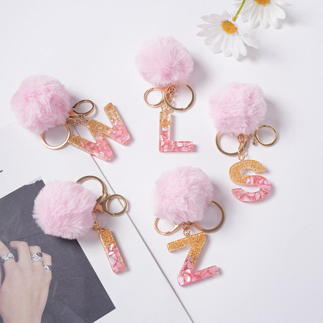 Sweet pink color fluffy ball initial letter keychain