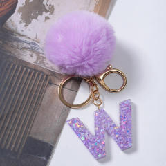 Cute purple color fluffy ball initial letter keychain