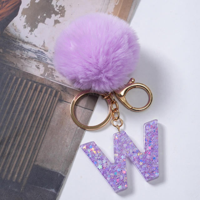 Cute purple color fluffy ball initial letter keychain