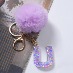 Cute purple color fluffy ball initial letter keychain