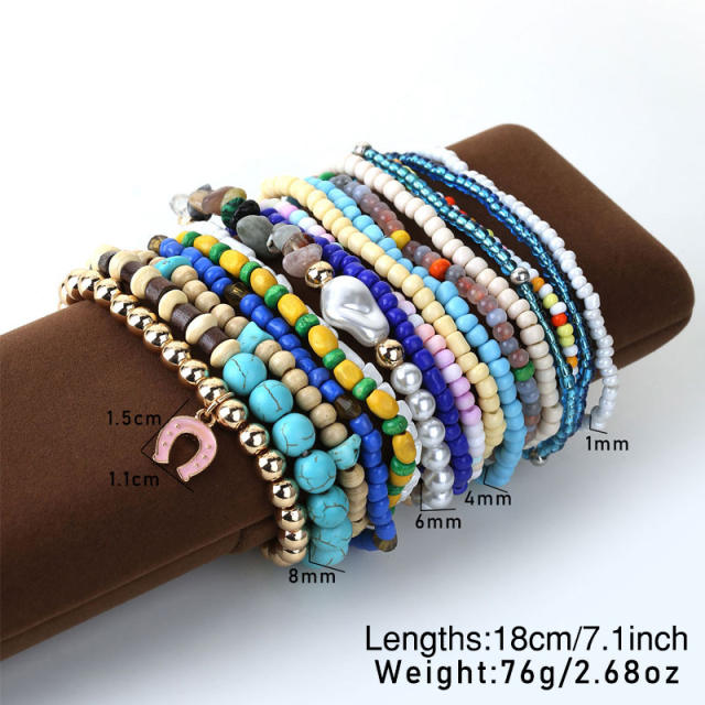 Boho blue color seed bead multi strand bracelet set
