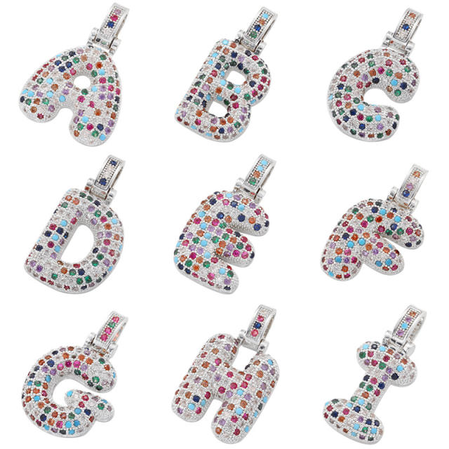 Rainbow cz pave setting bubble initial letter pendant without chain