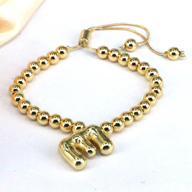 Chunky bubble initial letter charm gold plated copper beaded bracelet
