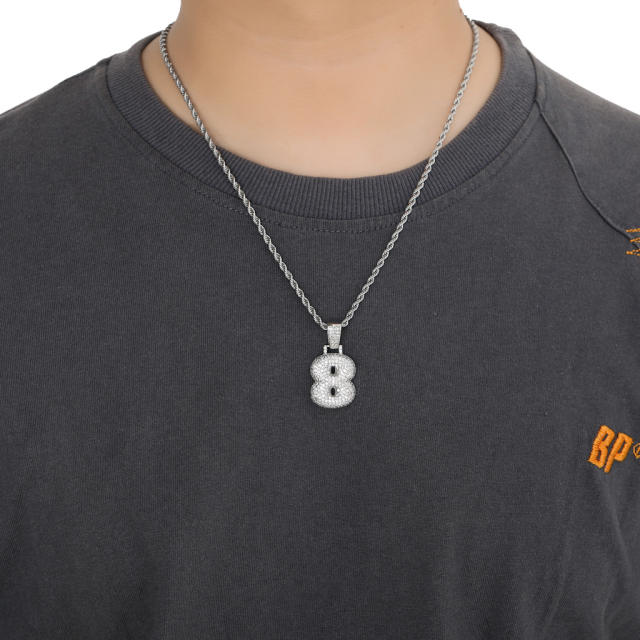 HIPHOP bubble number diamond pendant stainless steel chain necklace