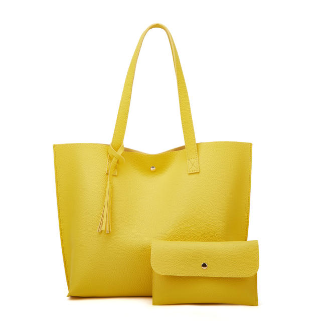 Candy color tassel accessory PU leather tote bag set