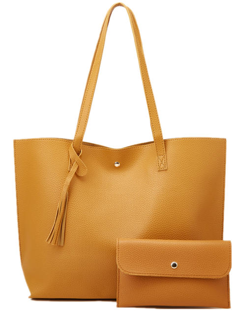 Candy color tassel accessory PU leather tote bag set