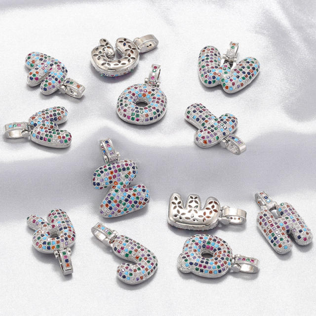 Rainbow cz pave setting bubble initial letter pendant without chain