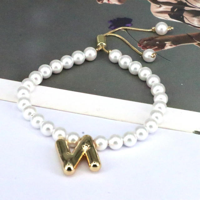 Vintage bubble initial letter charm imitation pearl bead slide bracelet