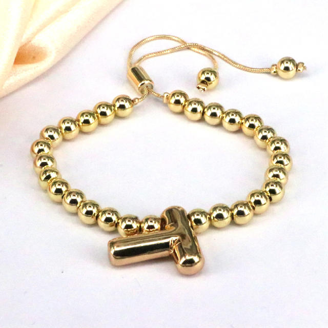 Chunky bubble initial letter charm gold plated copper beaded bracelet