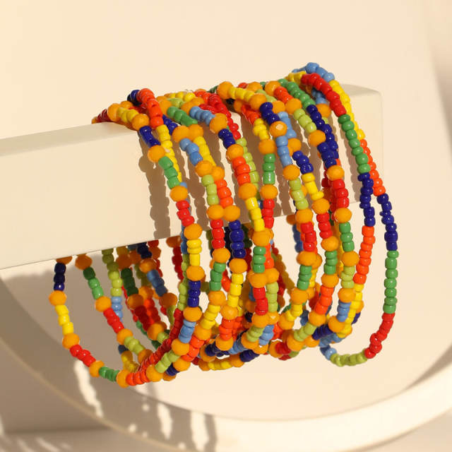 Boho rainbow seed bead elastic multi strand bracelet