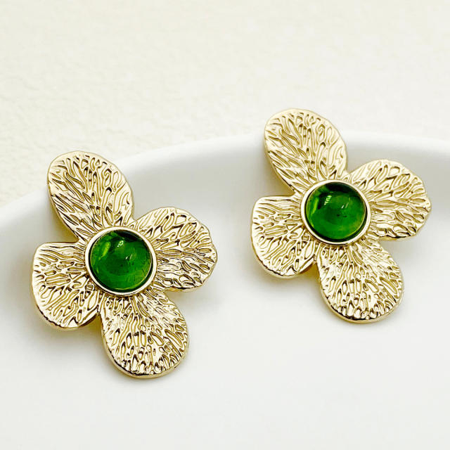 Summer green color cubic zircon flower stainless steel earrings collection