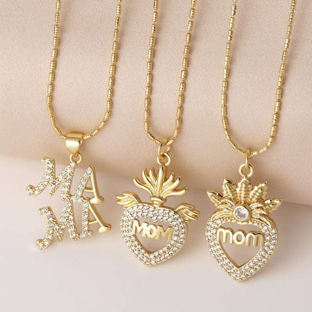 Delicate diamond mom latter heart pendant gold plated copper necklace