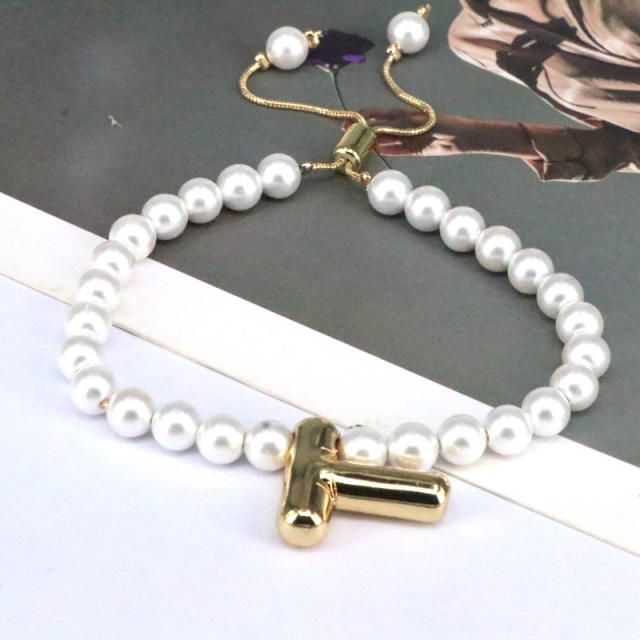 Vintage bubble initial letter charm imitation pearl bead slide bracelet