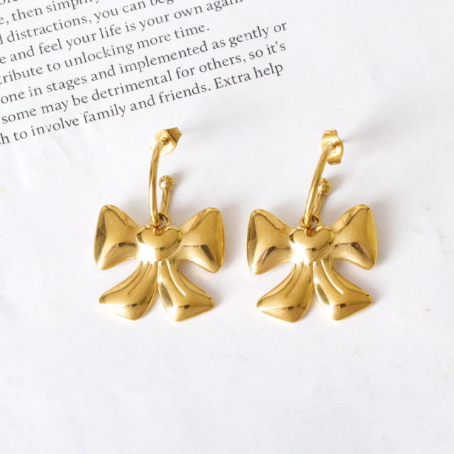 Korean fashion sweet bow Ginkgo biloba stainless steel earrings