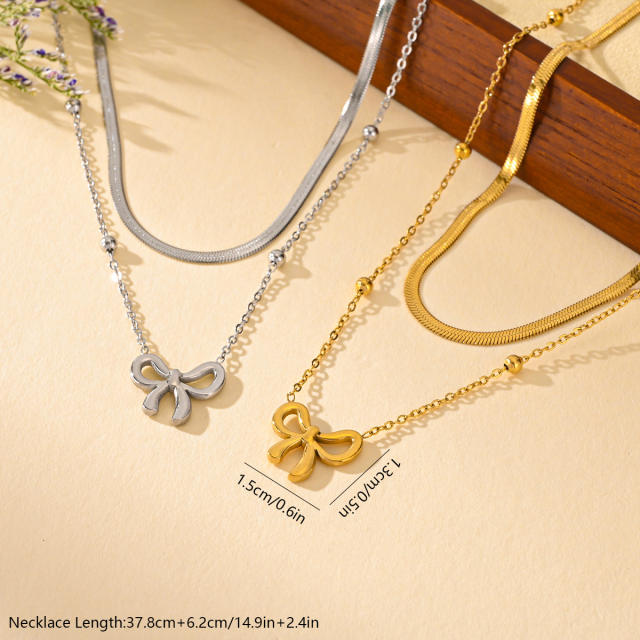 Sweet bow two layer stainless steel necklace