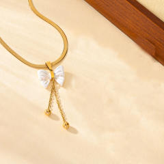 Dainty white bow stainless steel neckalce earrings set