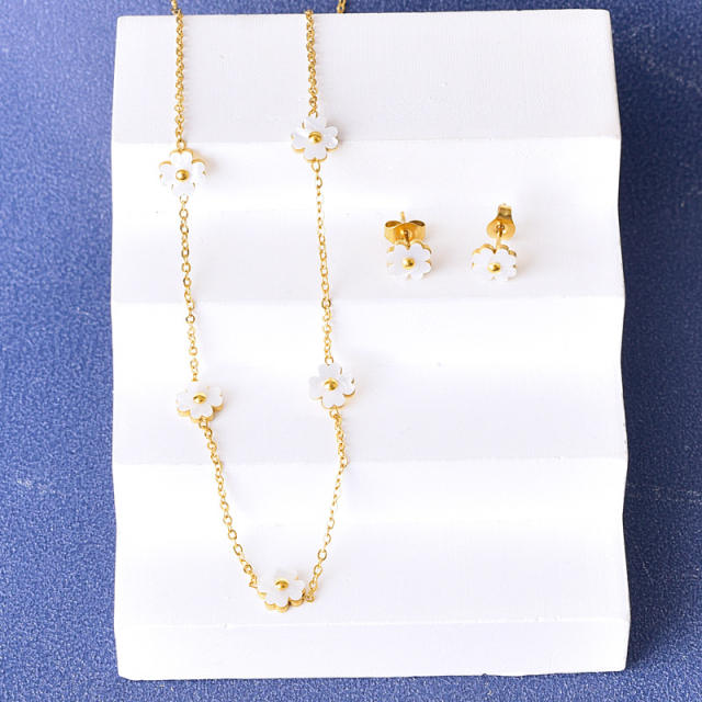 Sweet easy match white shell stainless steel necklace earrings set