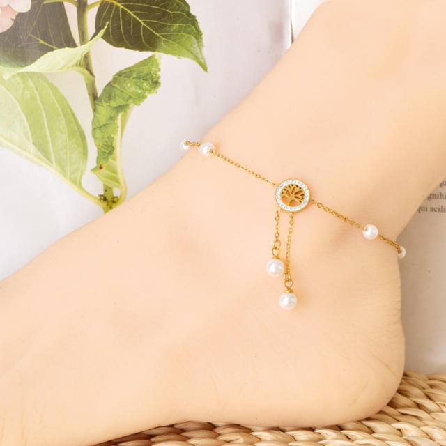 Summer pearl bead butterfly dreamcatcher stainless steel anklet