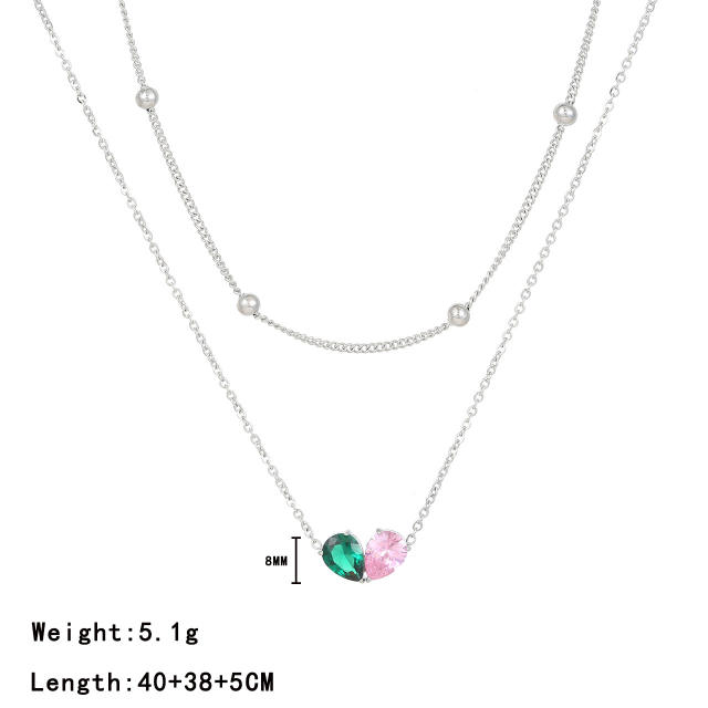 Delicate colorful cubic zircon two layer bezel necklace stainless steel necklace