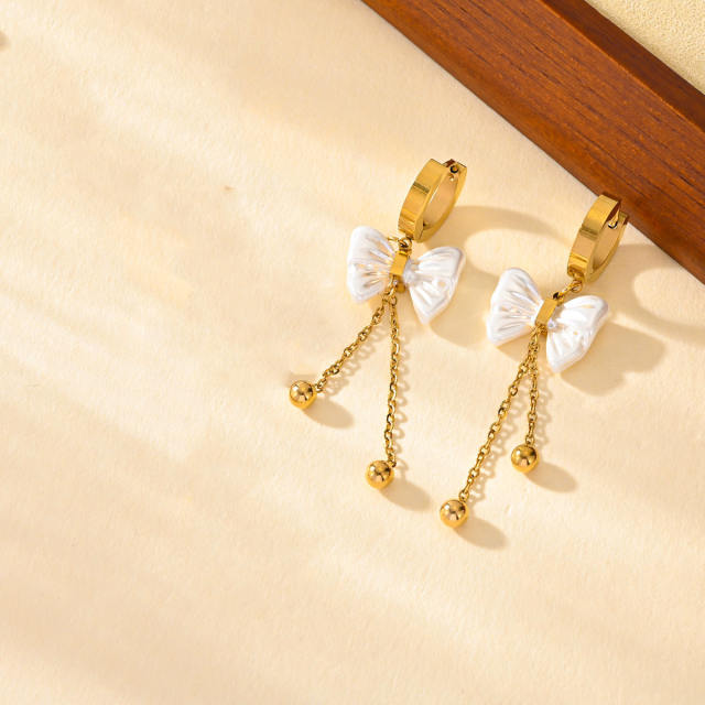 Dainty white bow stainless steel neckalce earrings set