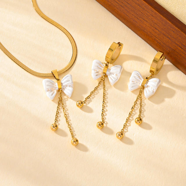 Dainty white bow stainless steel neckalce earrings set