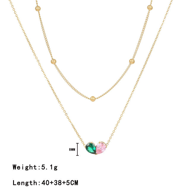 Delicate colorful cubic zircon two layer bezel necklace stainless steel necklace