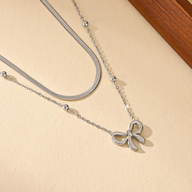 Sweet bow two layer stainless steel necklace