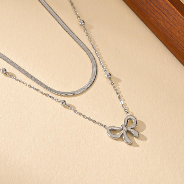 Sweet bow two layer stainless steel necklace