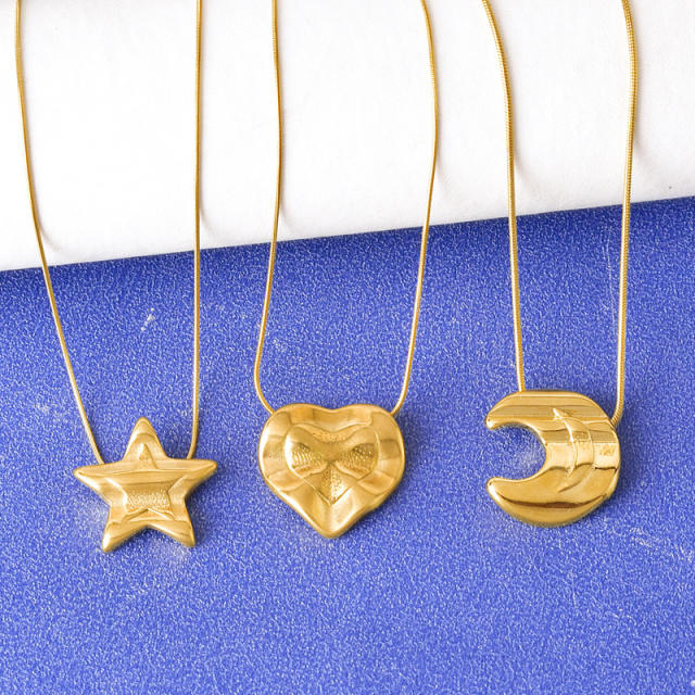 Chic star moon fold pattern pendant stainless steel necklace