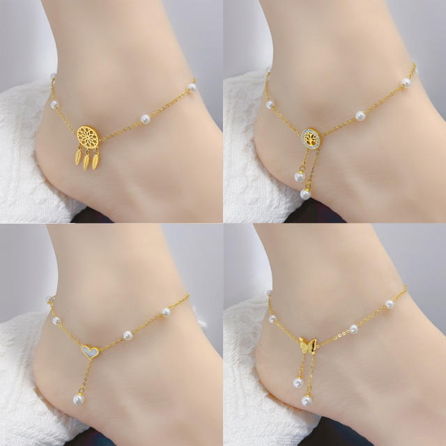Summer pearl bead butterfly dreamcatcher stainless steel anklet