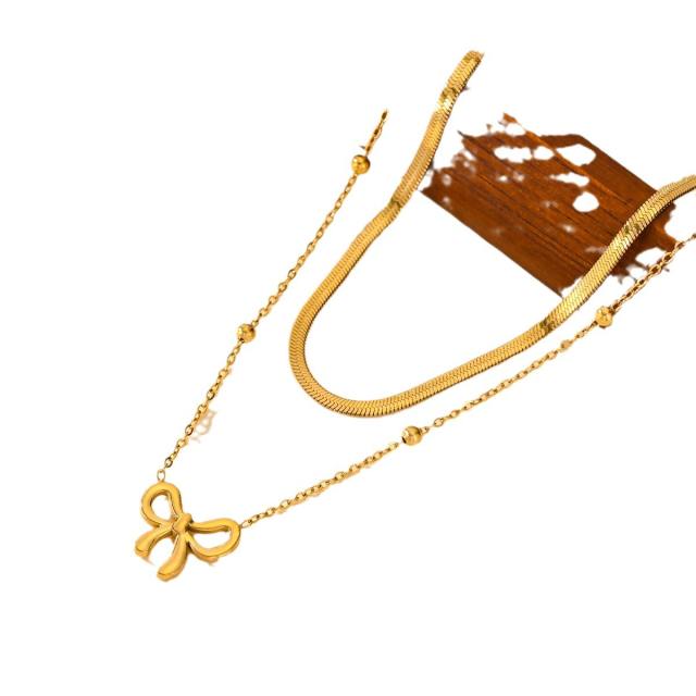 Sweet bow two layer stainless steel necklace