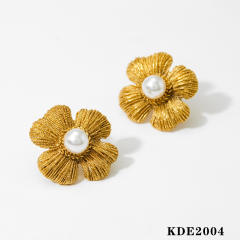 Summer pearl bead flower petal stainless steel studs earrings