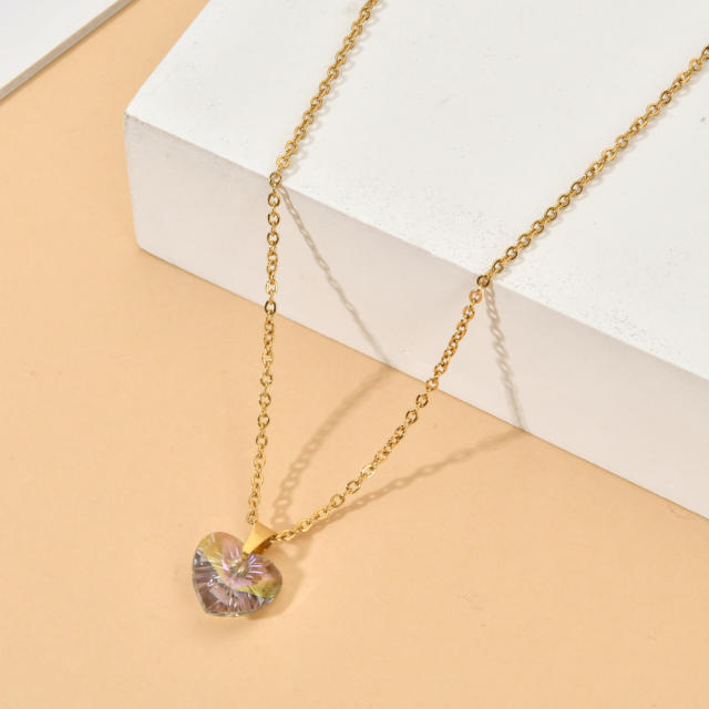 Dainty colorful cubic zircon heart pendant stainless steel chain necklace