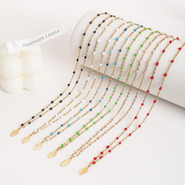 INS sweet feather pendant colorful seedbead stainless steel necklace