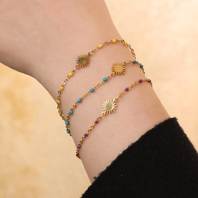 Boho colorful seed bead sun symbol stainless steel bracelet