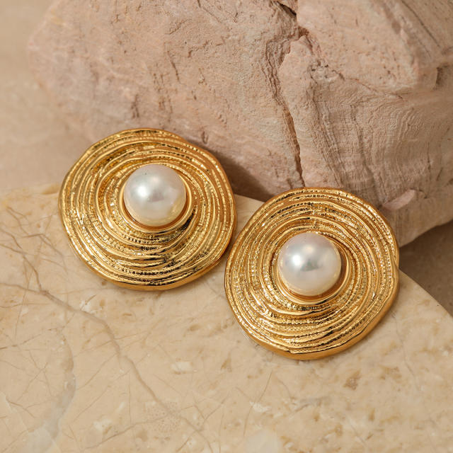 Vintage round shape pearl bead stainless steel chunky earrings