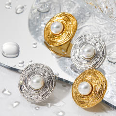 Vintage round shape pearl bead stainless steel chunky earrings