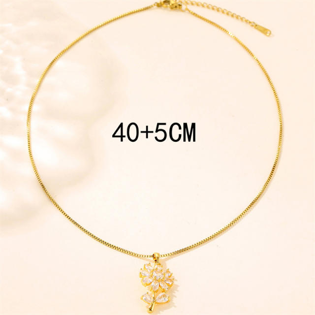 Delicate diamond sunflower pendant stainless steel box chain necklace