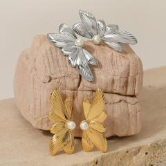 Summer pearl bead elgant butterfly stainless steel earrings