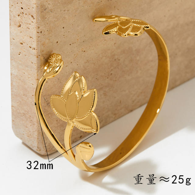 Fashionable lotups flower stainless steel cuff bangle