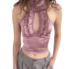 Sexy sleevess ruffle design halter neck women cropped tops