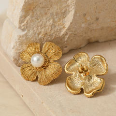 Summer pearl bead flower petal stainless steel studs earrings