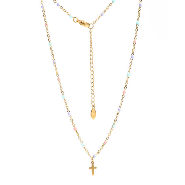 Summer color enamel seed bead tiny cross dainy stainless steel necklace