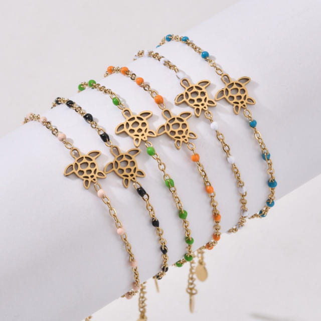 Ocean series hollow turtle colorful enamel bead stainless steel bracelet